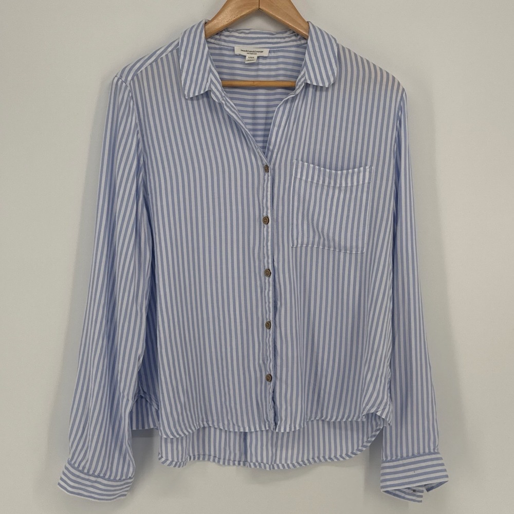 beachlunchlounge Women Large Blue White Striped Rayon Lyocell Button Down Shirt